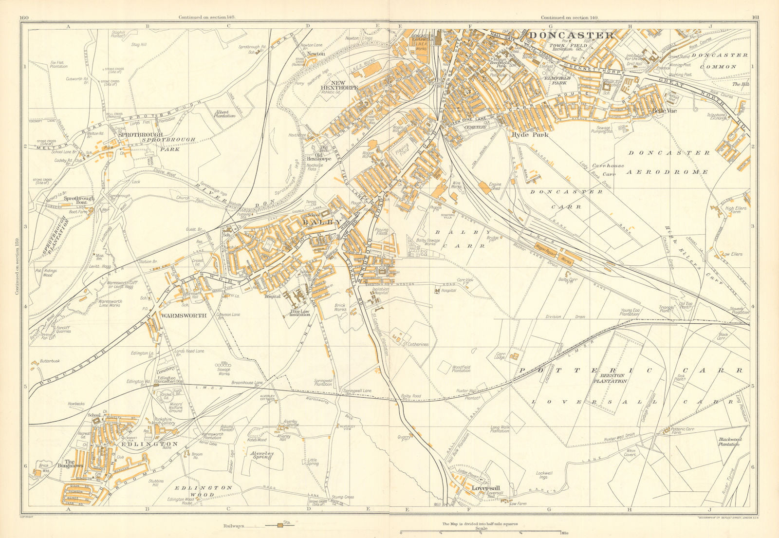 DONCASTER SOUTH vintage town city plan. Warmsworth Balby. GEOGRAPHIA 1935 map